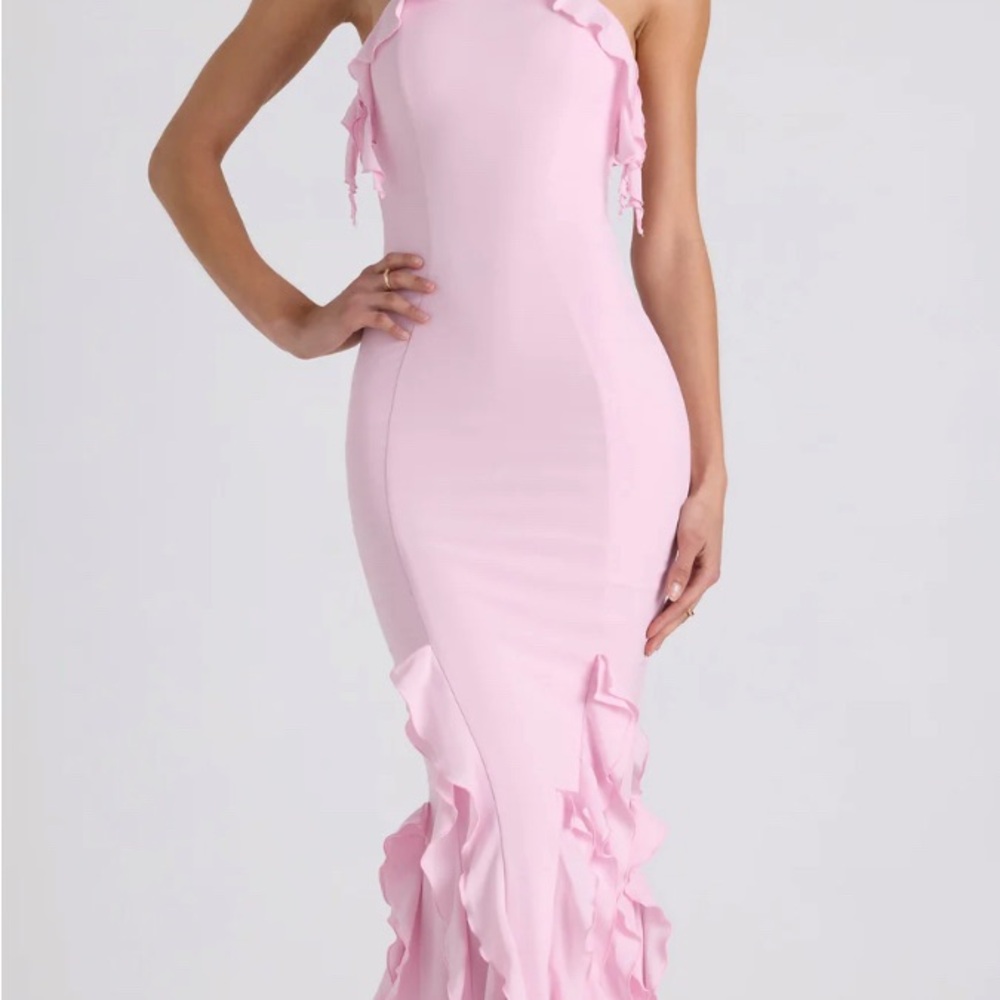 Mireya Ruffle-Trim Halterneck Gown in Soft Pink